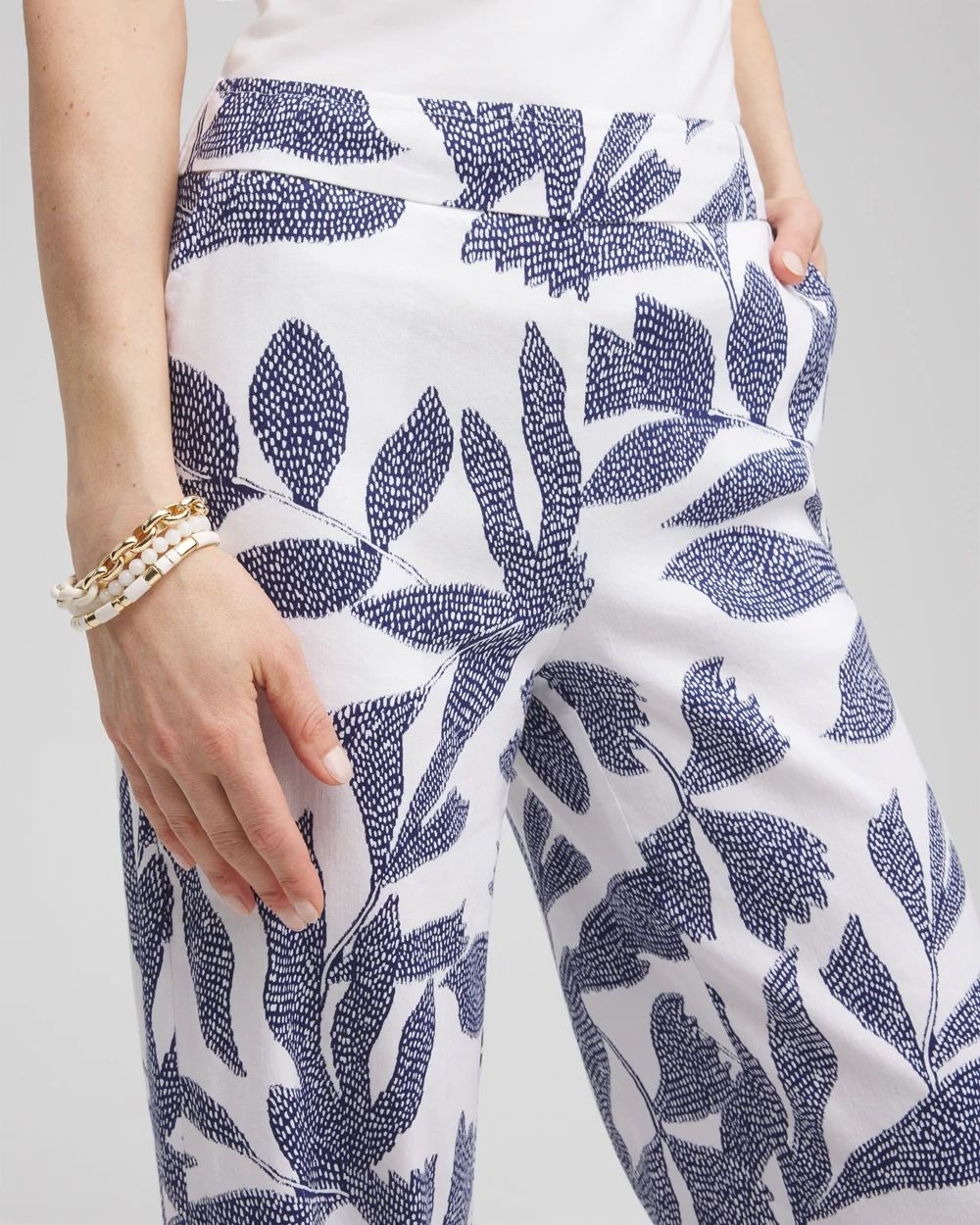 Linen Blend Leaf Print Pants