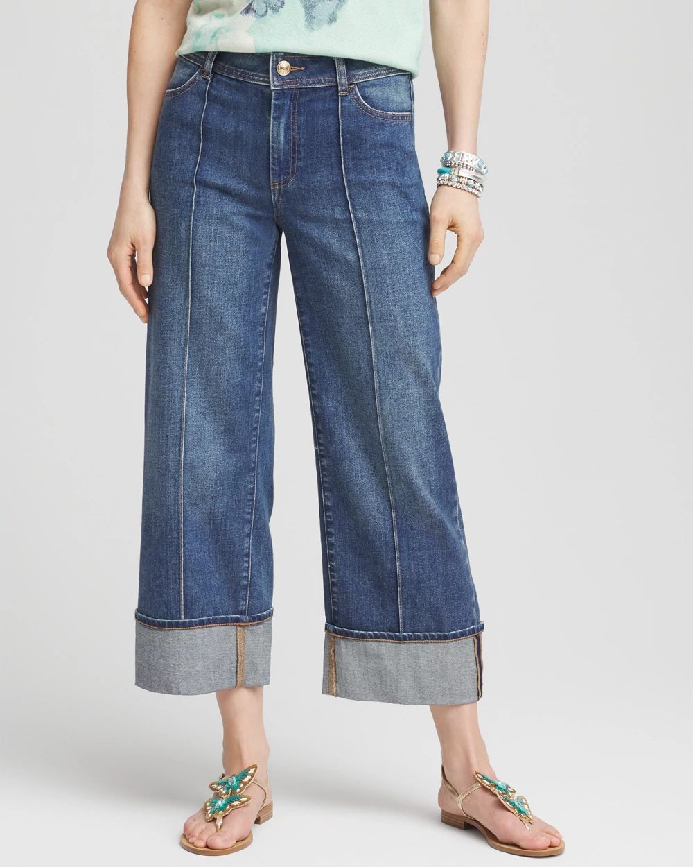 Pintuck High-Cuff Cropped Jeans