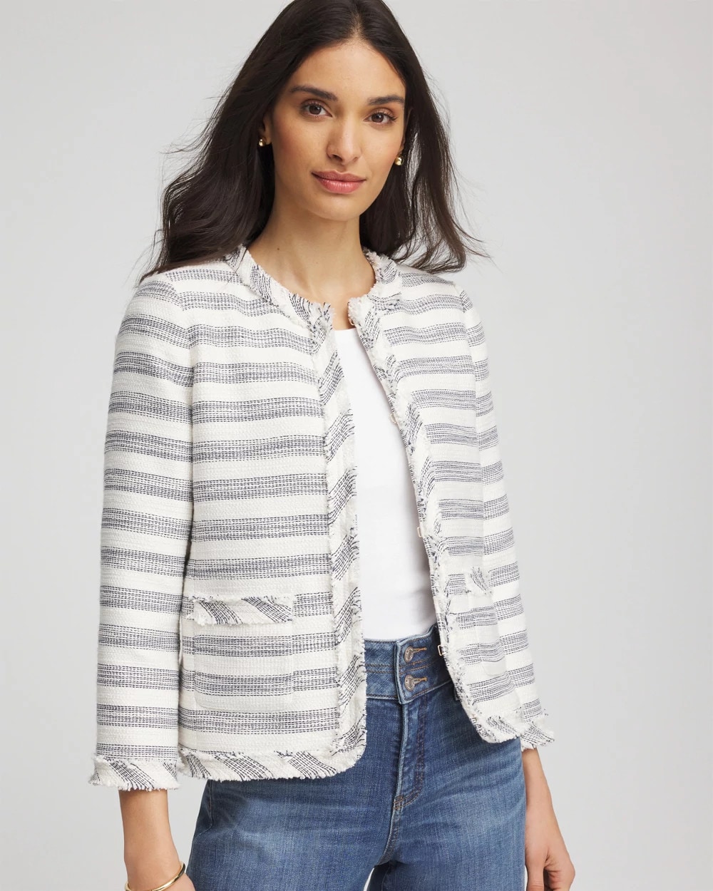 Striped Tweed Collarless Box Jacket