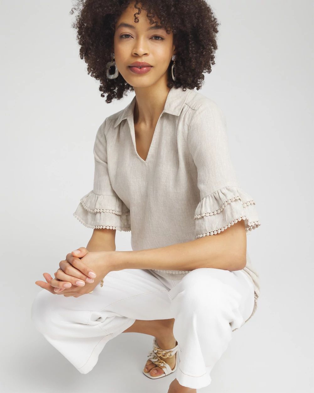 Linen Ruffle Sleeve Blouse