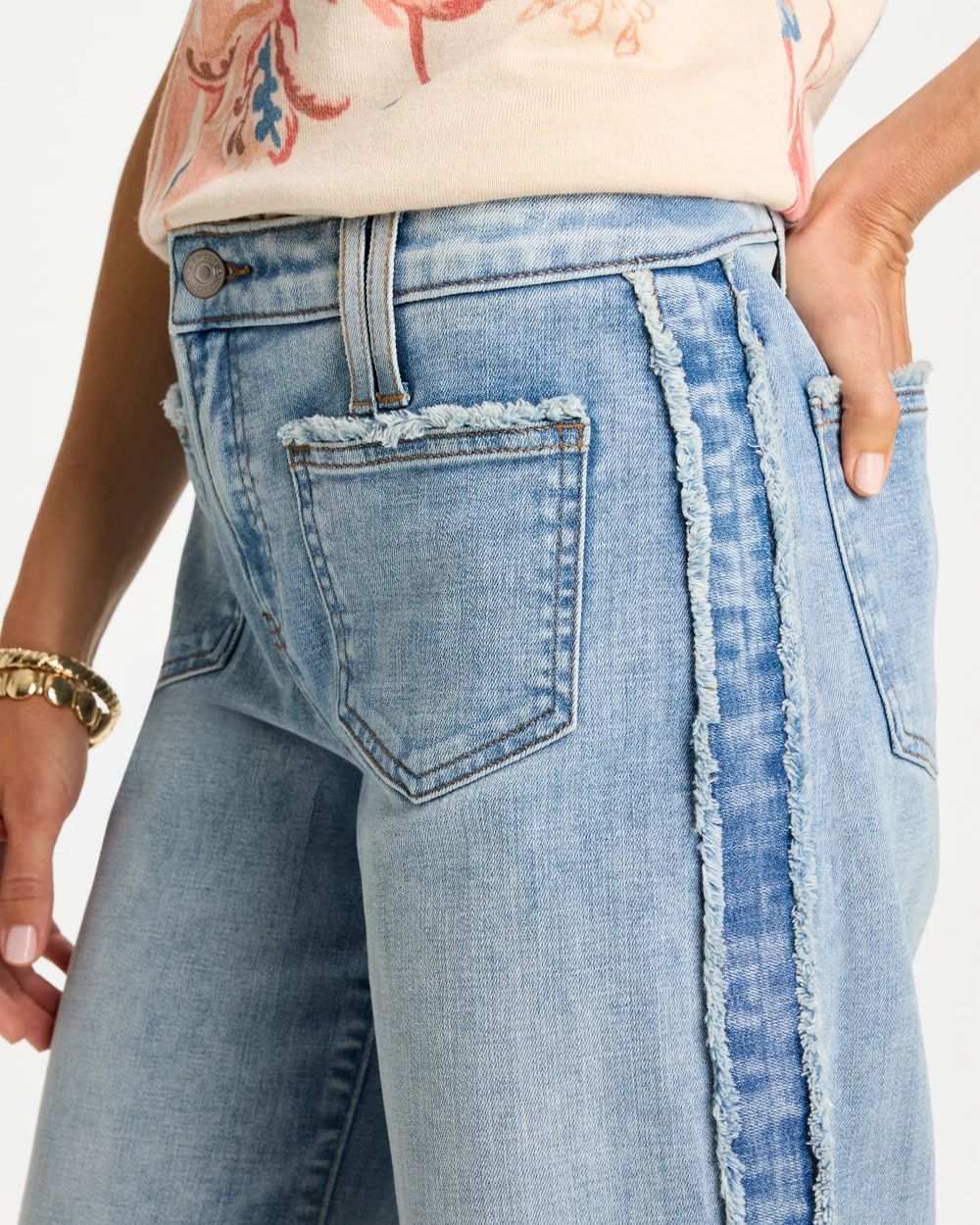 Frayed Contrast Girlfriend Wide Crop Jeans click to view larger image.