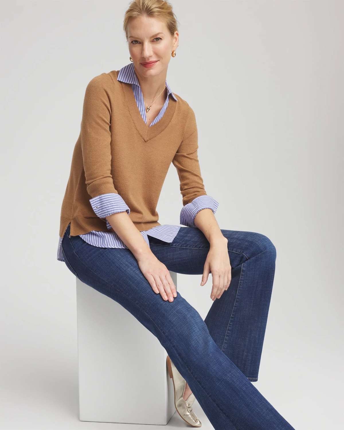 Chico's Camel Built-in Shirt Knit Sweater In Caramel Apple Heather In Brown