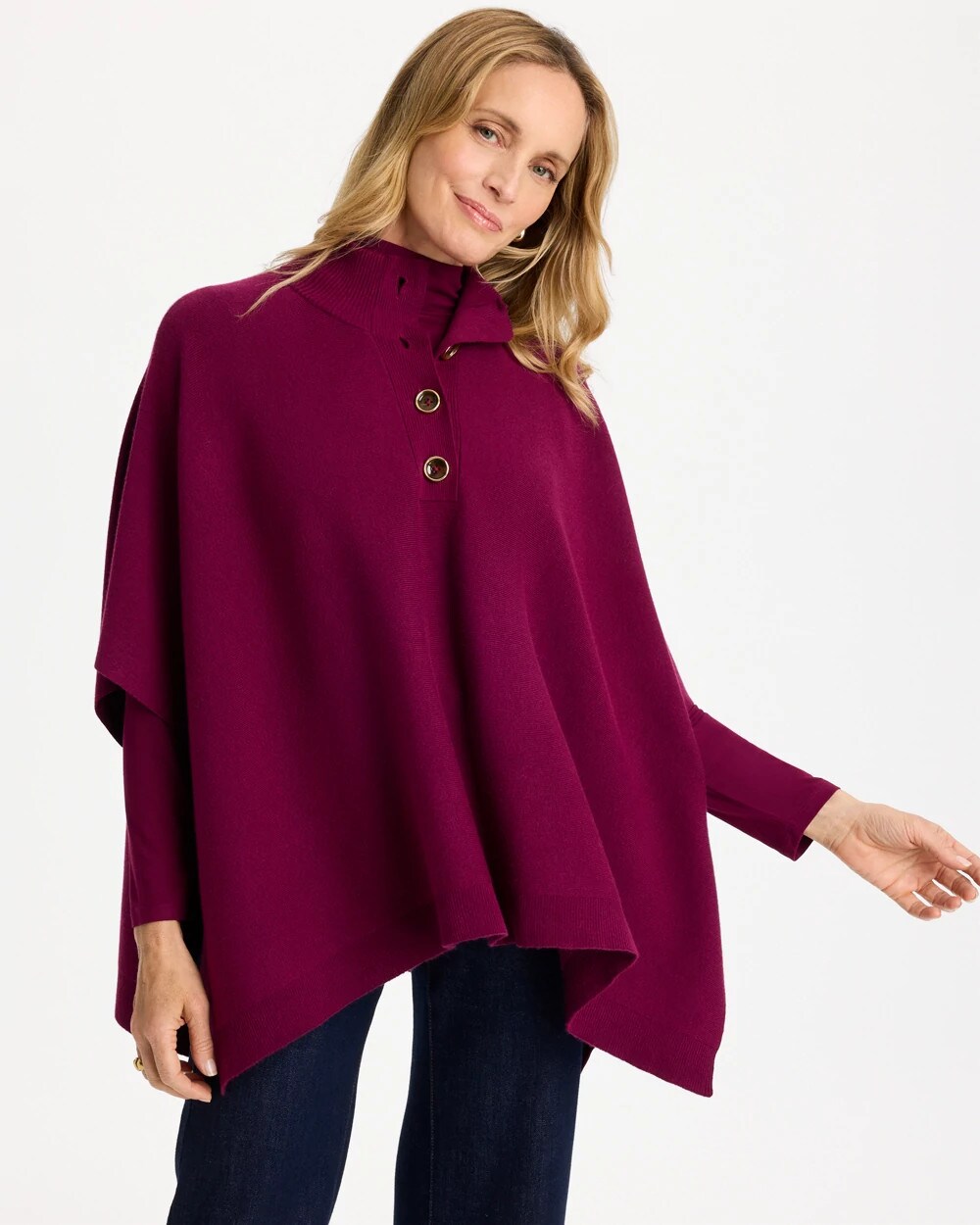 Chico's Button Mockneck Sweater Poncho In Pomegranate