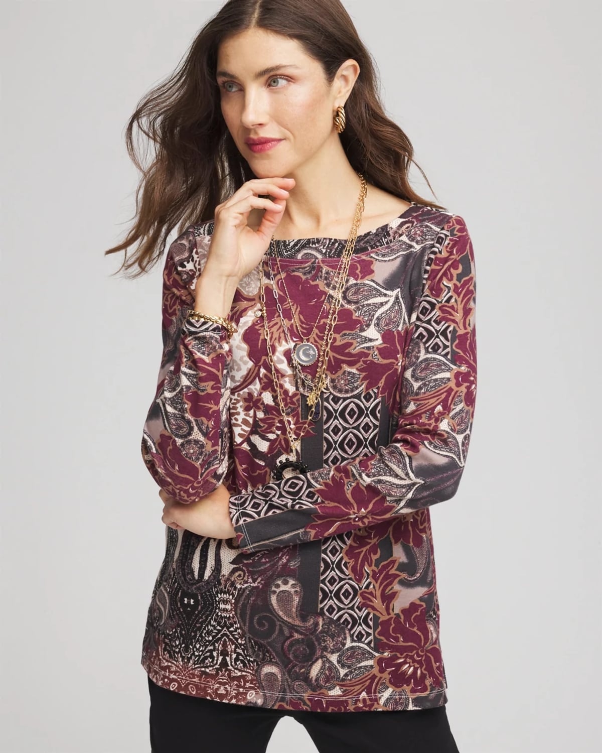 Chico's Printed Pima Cotton Bateau-neck Tee In Rocky Mountain In Multi