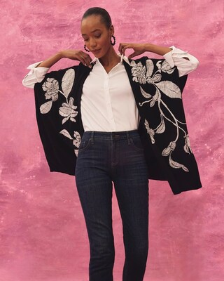 Embroidered Leaf Print Ruana