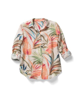 No-Iron Linen Palm-Print Roll-Tab Sleeve Shirt