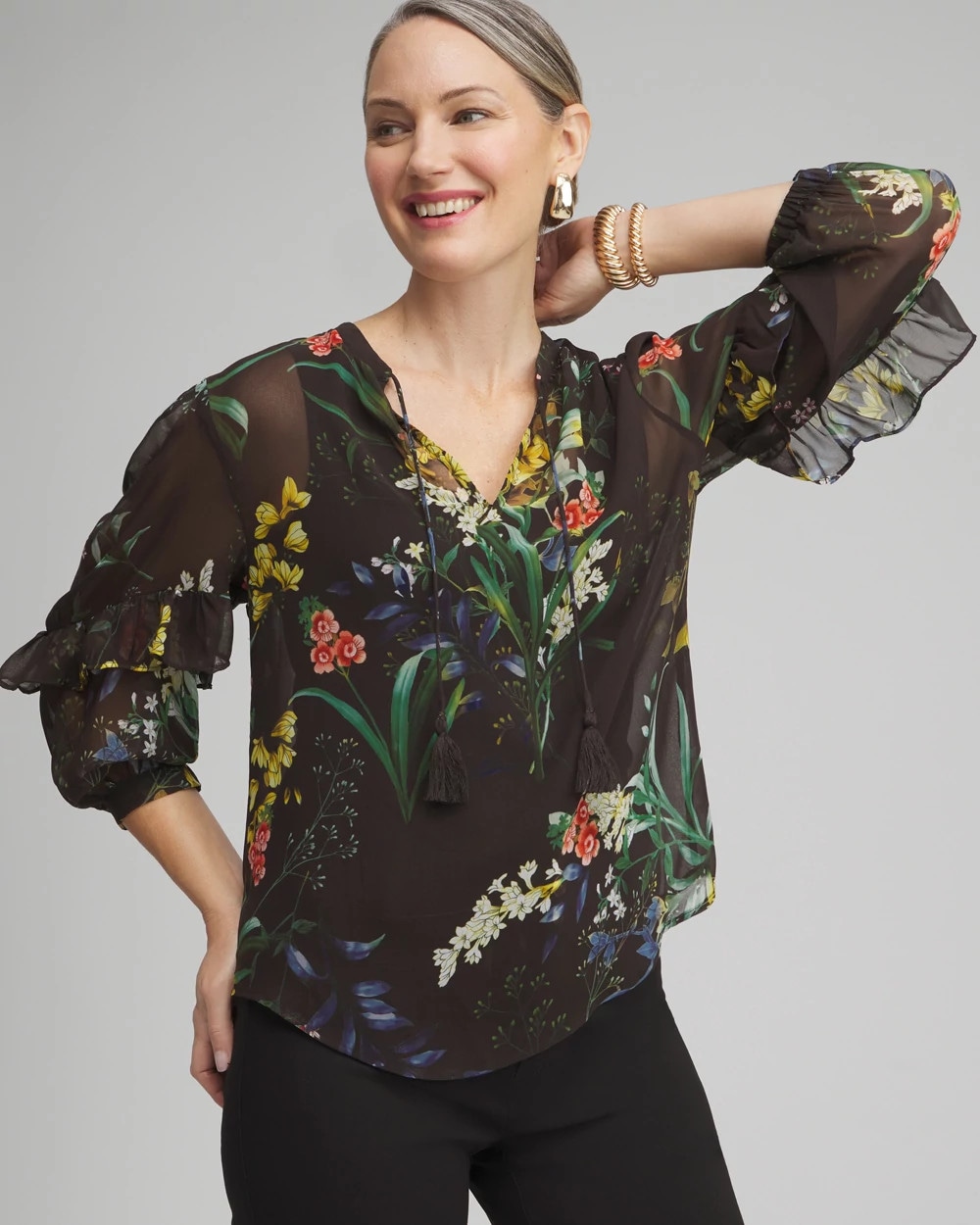 Chiffon Floral Ruffle Sleeve Blouse