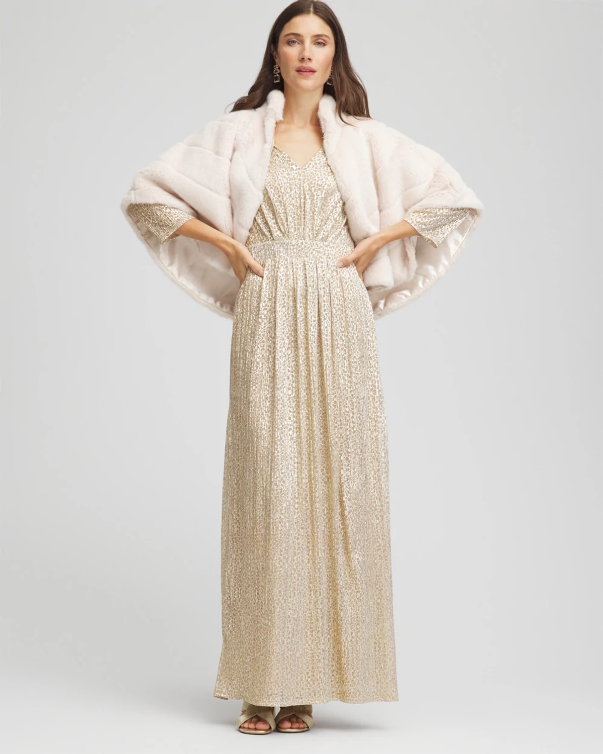 Chico's Metallic Knit Pleated Maxi Dress In Gold In Neutral
