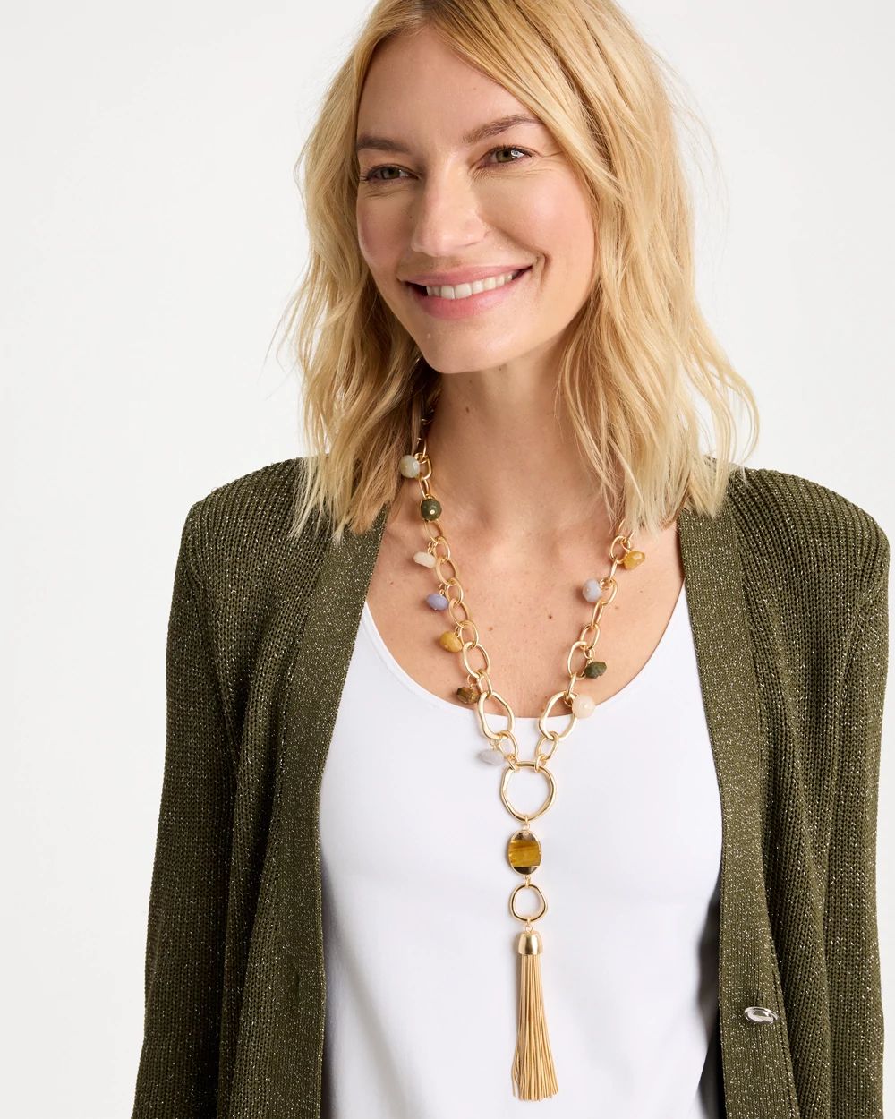 Multi-Color Beaded Tassel Pendant Necklace click to view larger image.