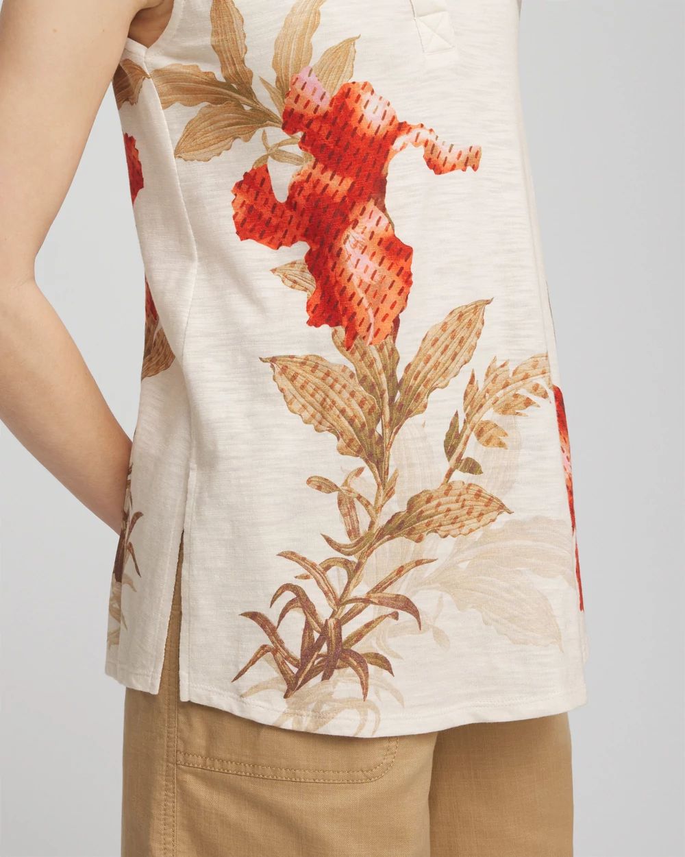 Floral Slub Sleeveless Collared Tunic
