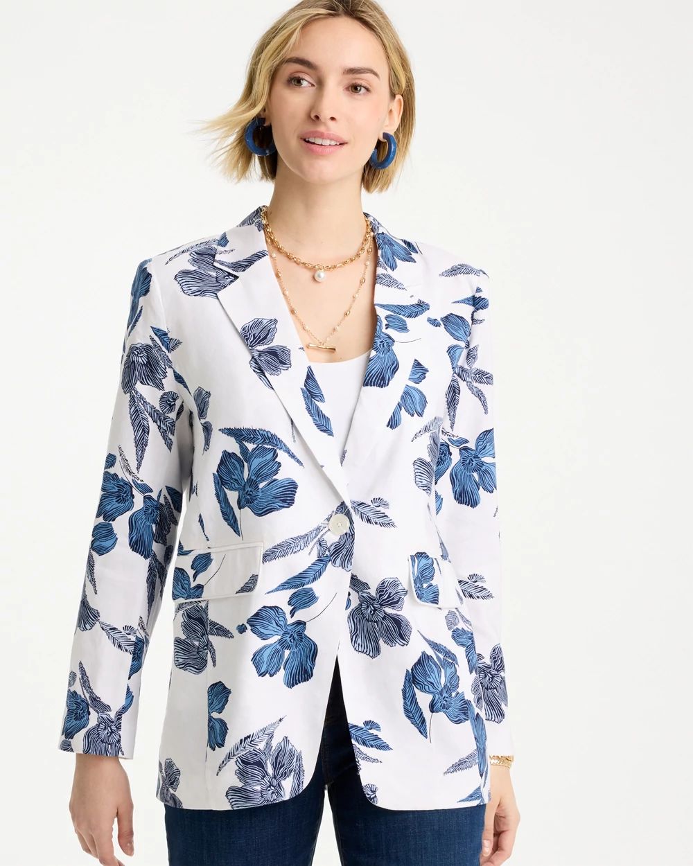 Linen Printed Piped Boyfriend Blazer