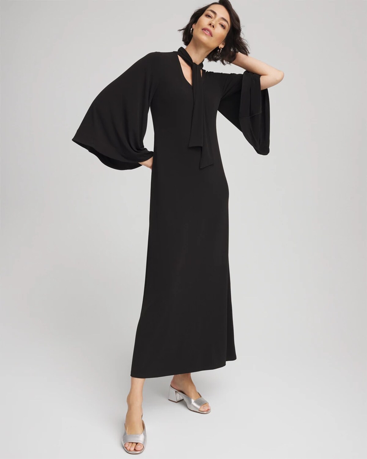 Chico's Flutter-sleeve Tie-front Dress In Black In Black