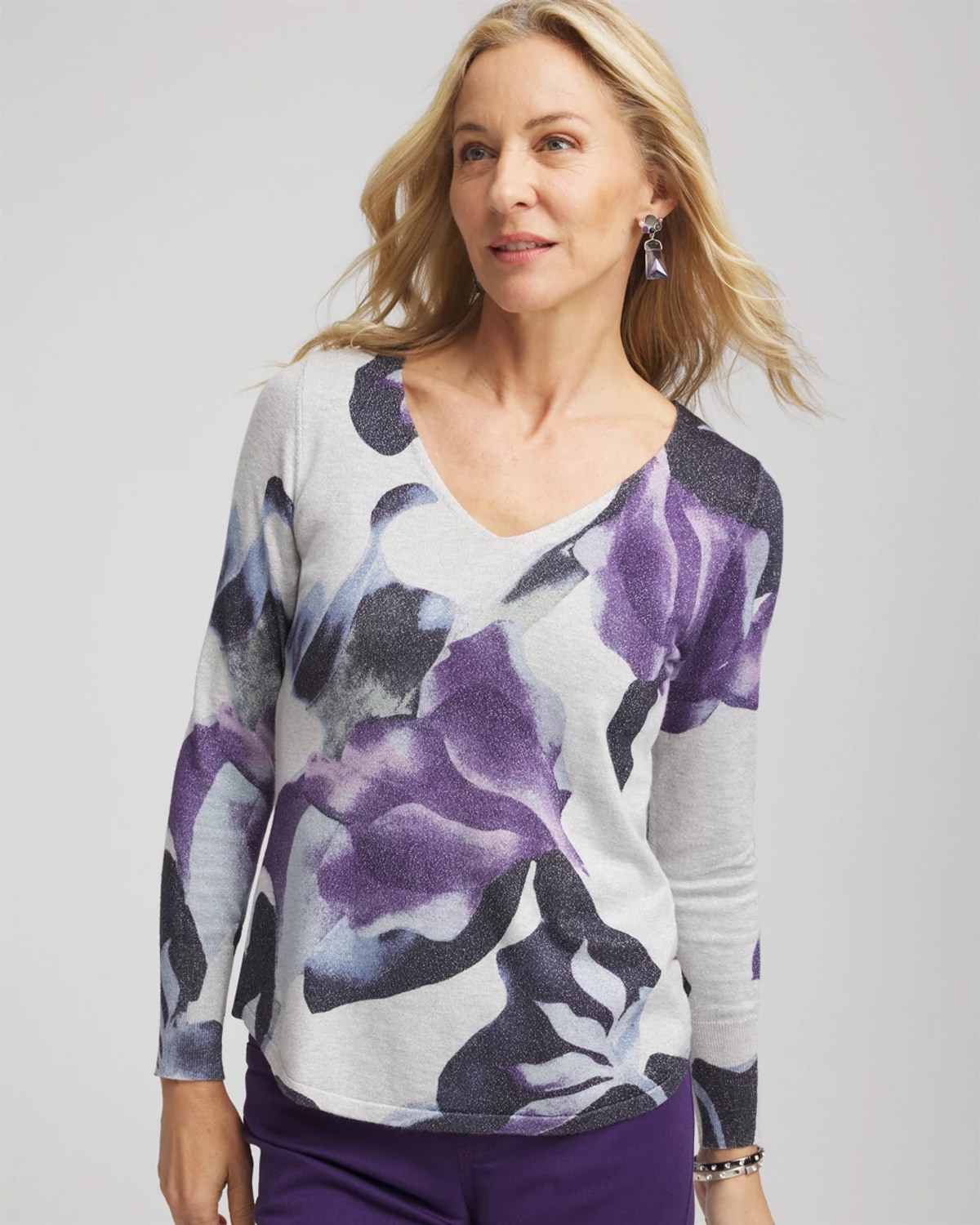 Chico's Ella V-neck Pullover Sweater In Purple Elixir