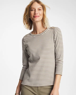 Striped Ribbed Button Crewneck Tee
