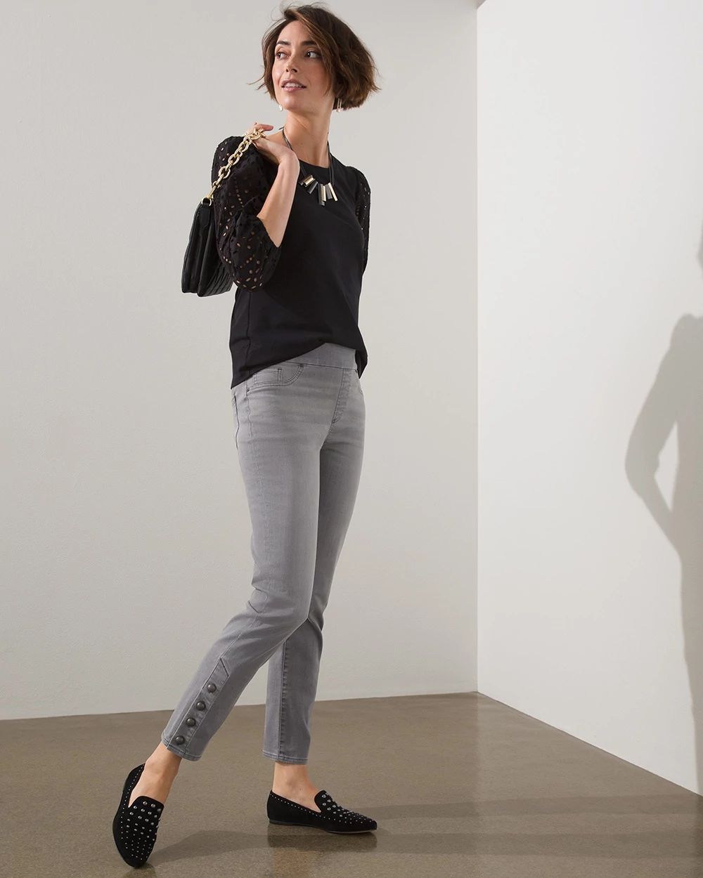 Pull-on Button Hem Ankle Jeggings