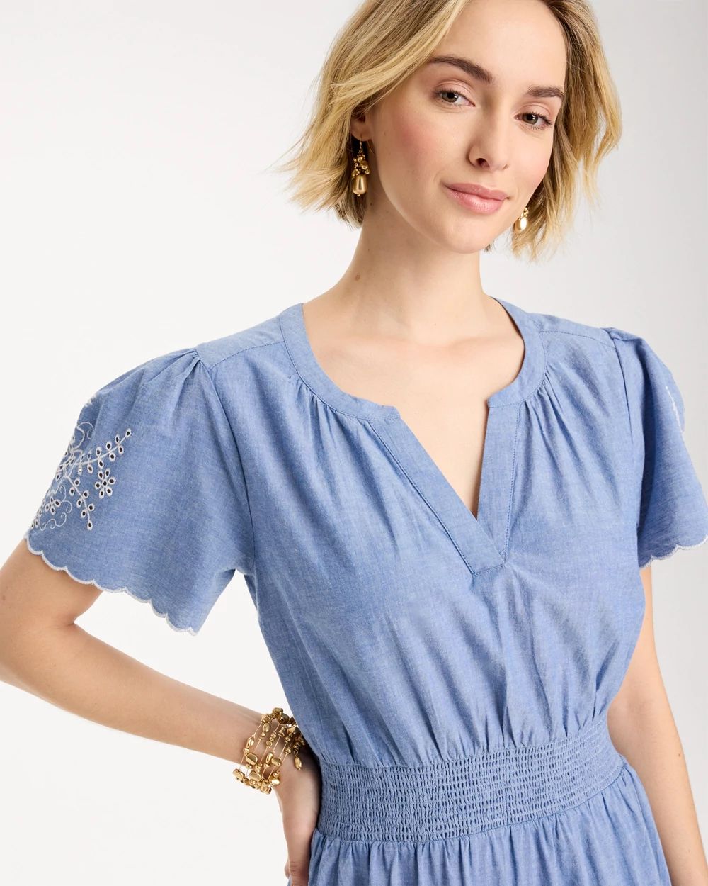 Petite Chambray Embroidered Dress