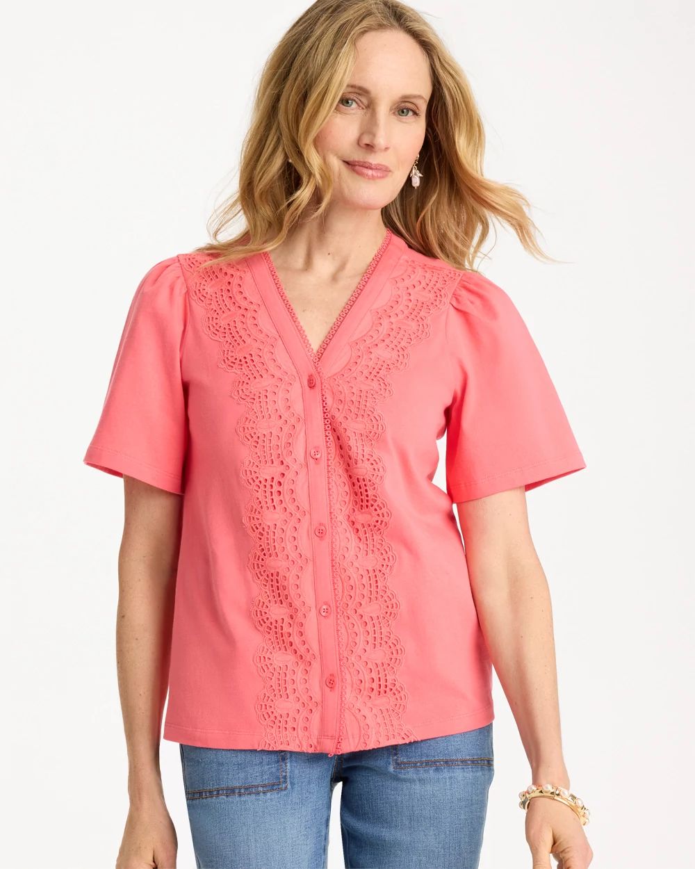 Embroidered Button-Front Tee