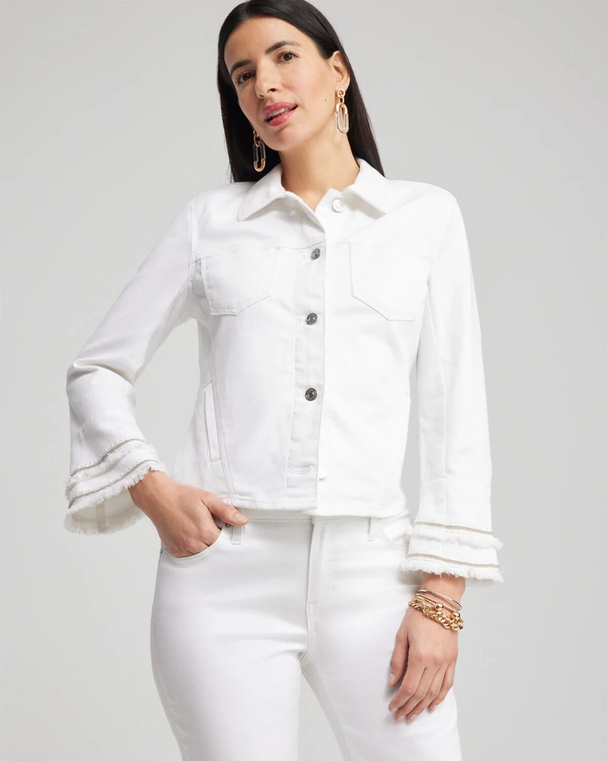 Chico's No Stain Double Fray Denim Jacket In Alabaster Size Large | In White