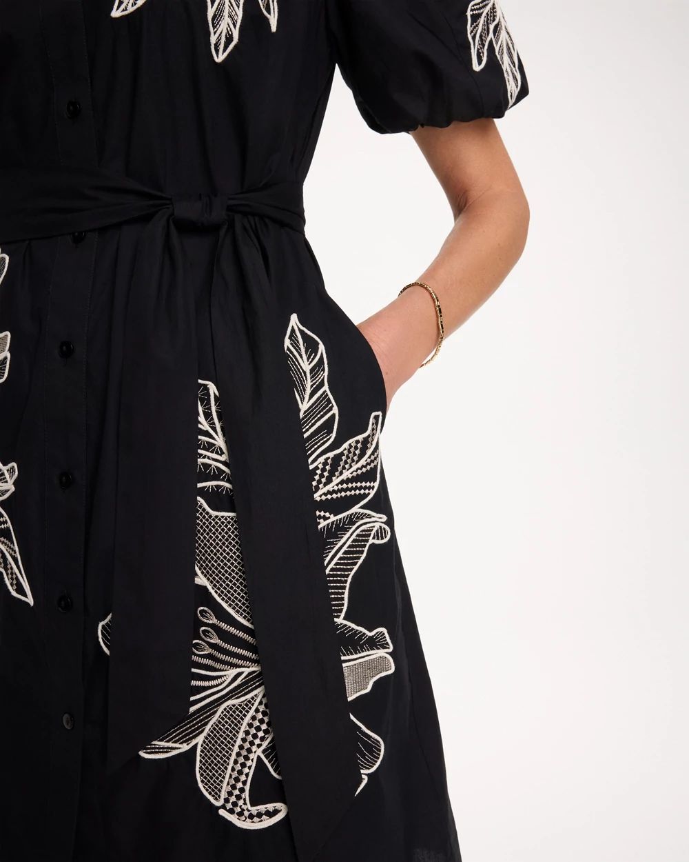 Embroidered Poplin Cotton Belted Dress click to view larger image.