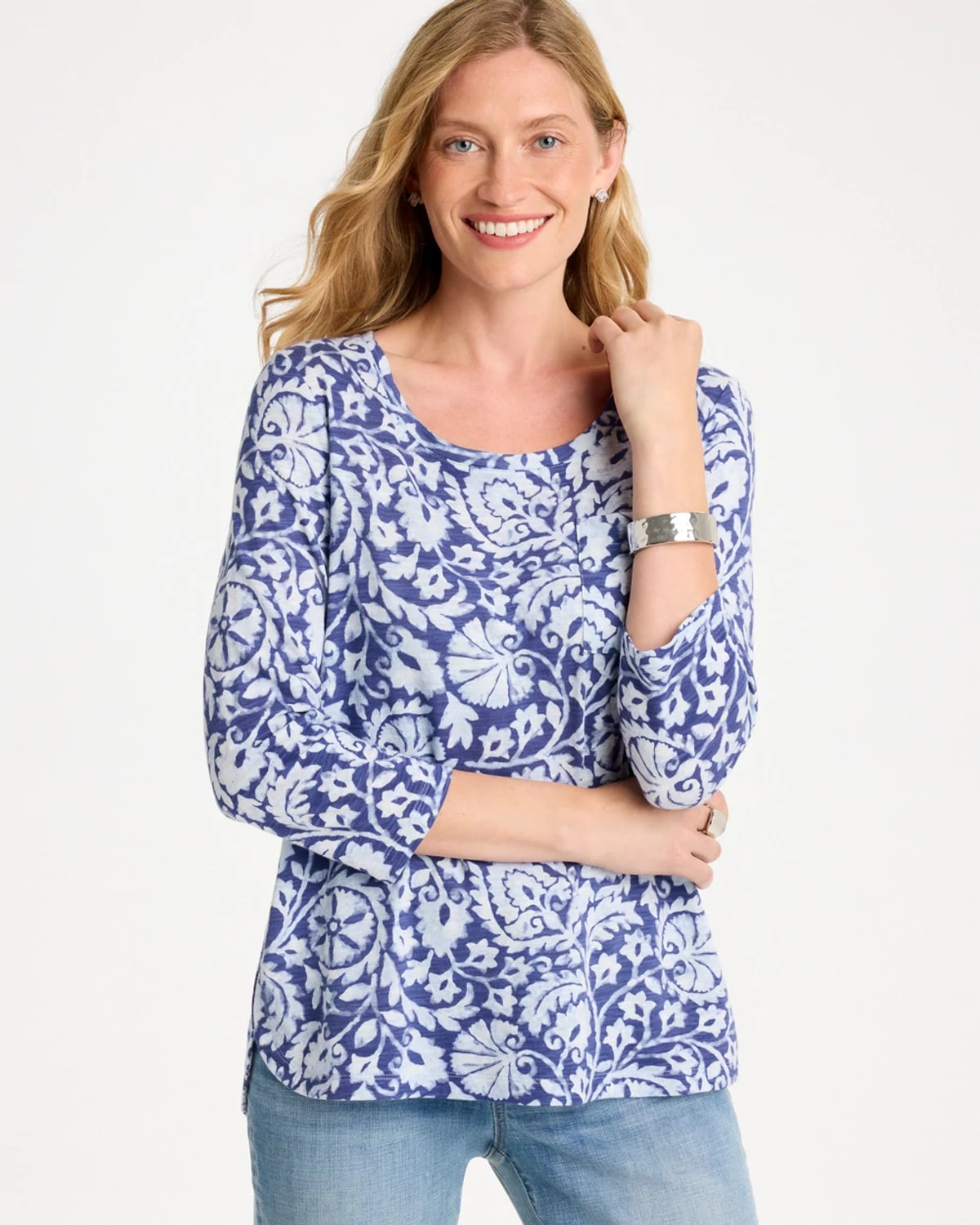 Chico's Printed Cotton Tee In Blue In Blue Muse