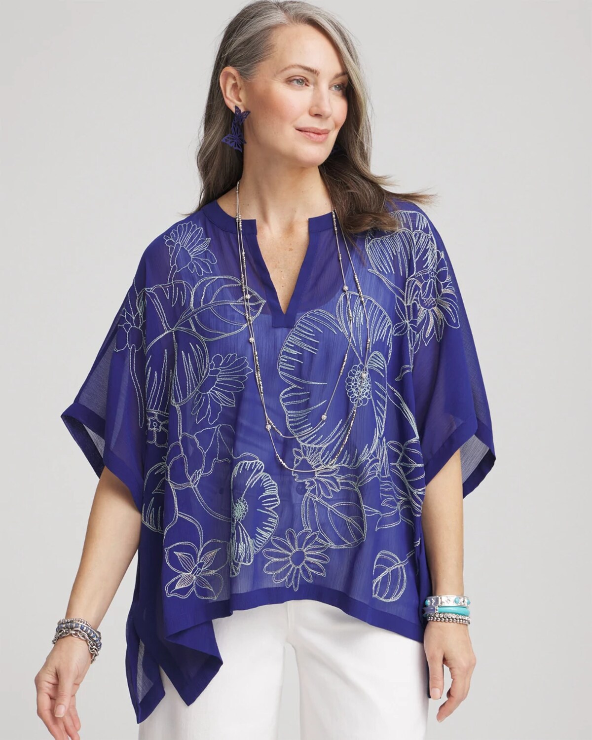 Chico's Woven Crinkle Chiffon Poncho In Blue