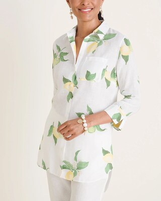 No-Iron Linen Lemon-Print Shirttail Tunic