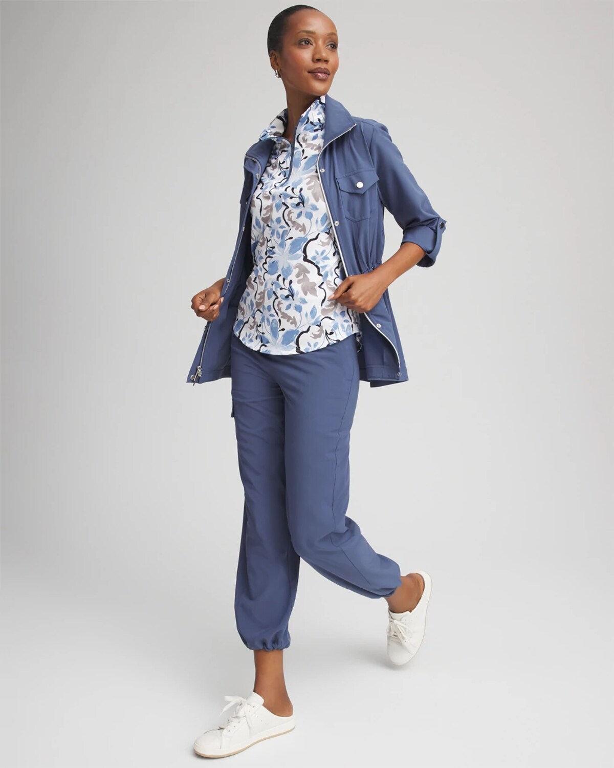 Chico's Floral Half-zip Mockneck Top In Delphinium Blue