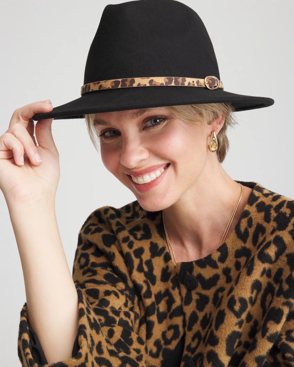 Animal-Print-Trim Wool Felt Fedora Hat