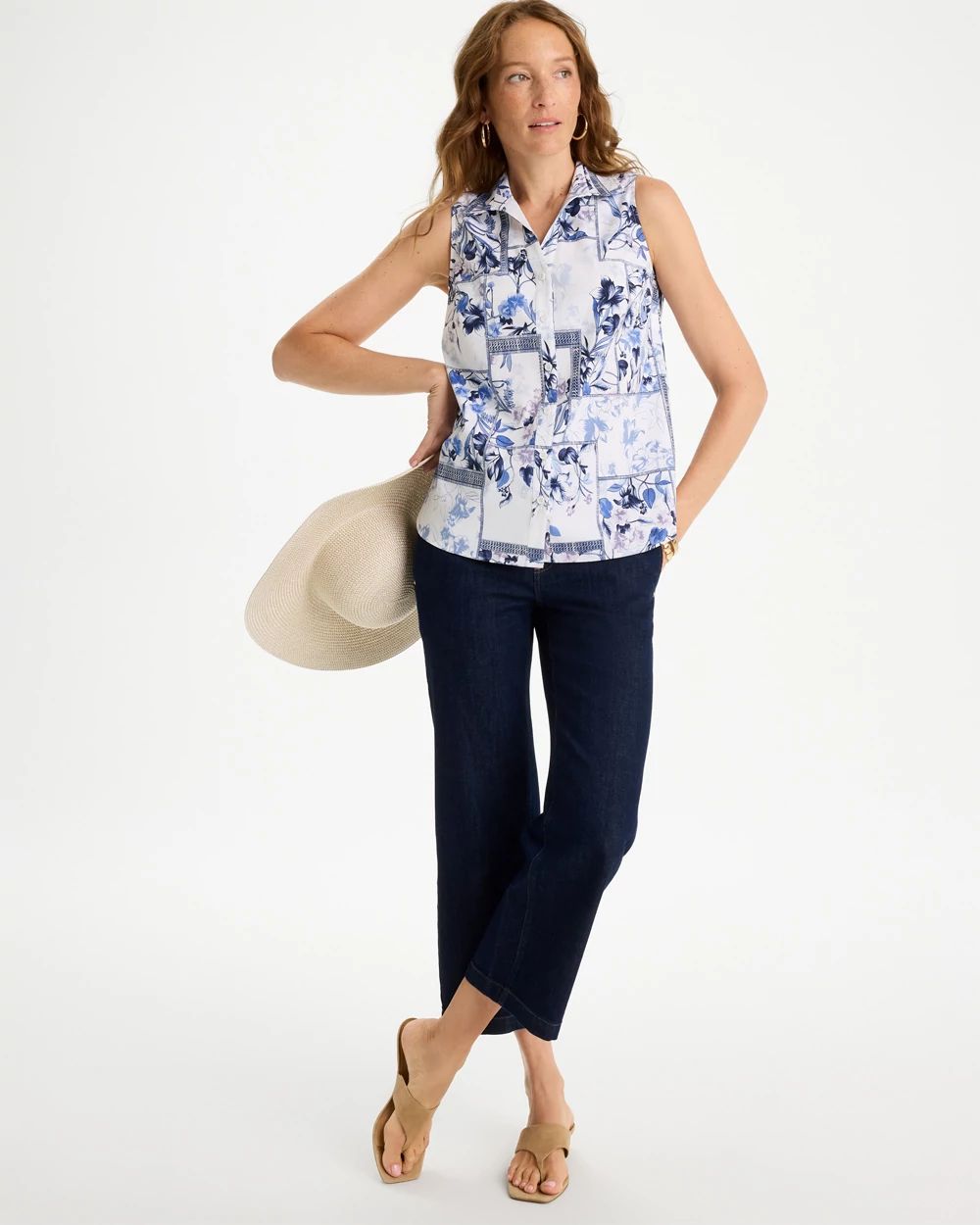 Cotton-Blend Classic Printed Sleeveless Shirt click to view larger image.