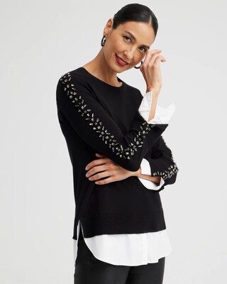 Knit Woven Rhinestone Pullover Sweater