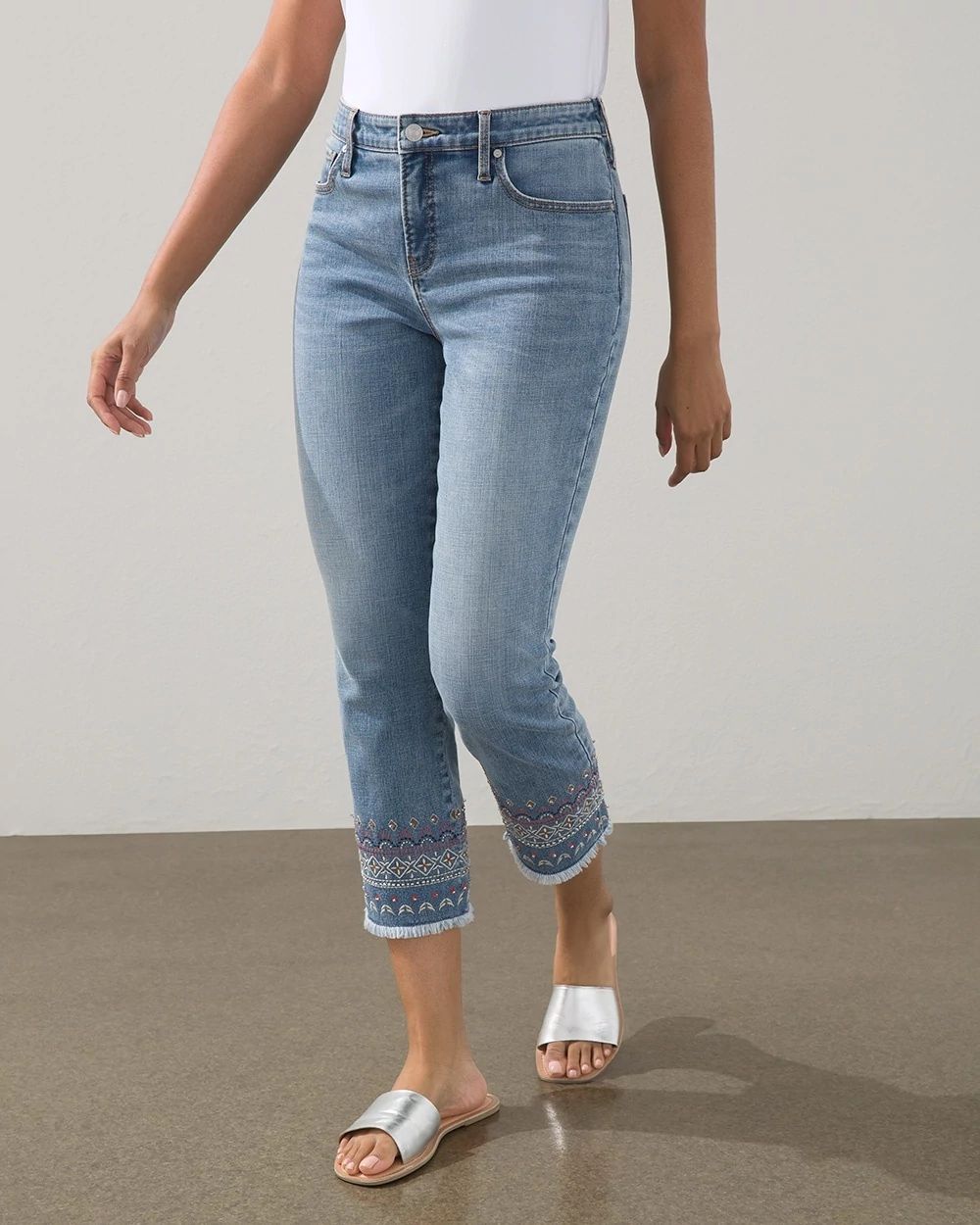 Girlfriend Embroidered Fray Hem Crops