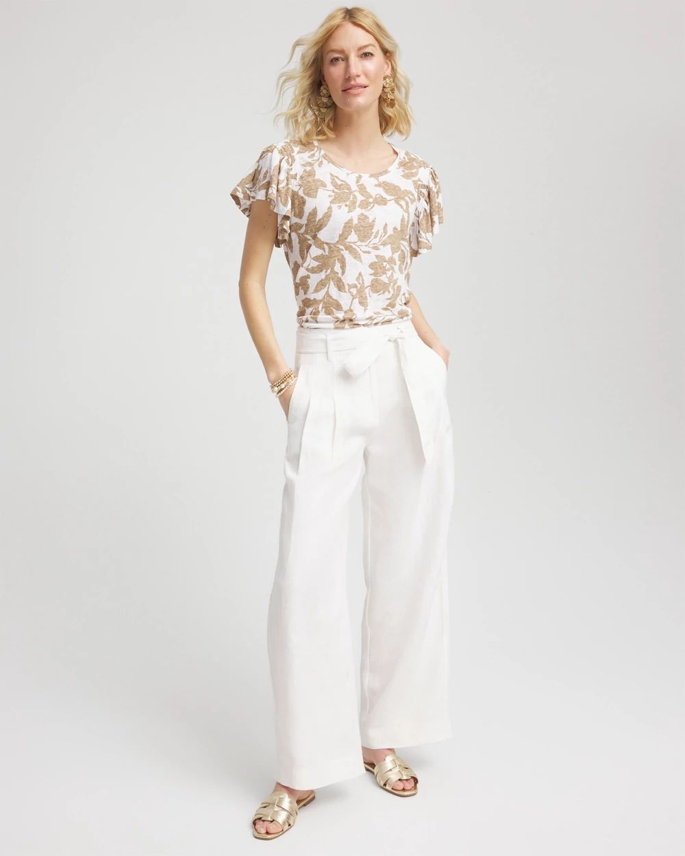 Linen Leaf Print Flutter Sleeve Tee