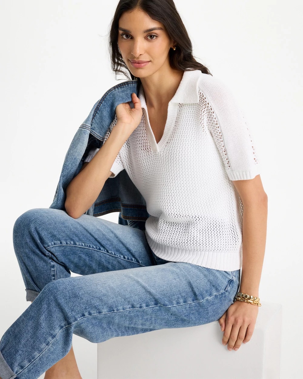 Sequin Pointelle Pullover Polo Sweater