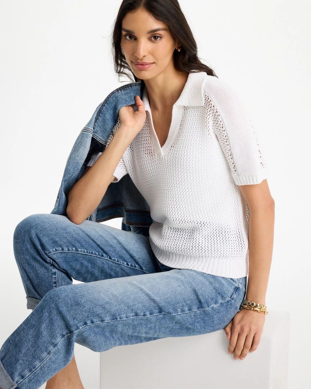 Sequin Pointelle Pullover Polo Sweater