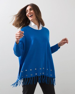 Blue Embellished Sweater Poncho