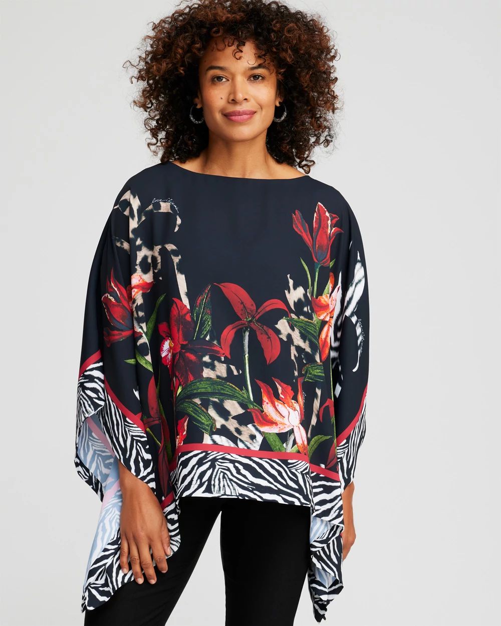 Mixed Floral Animal Print Poncho