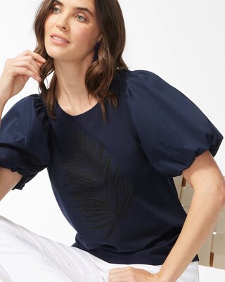 Navy Embroidered Puff Sleeve Tee