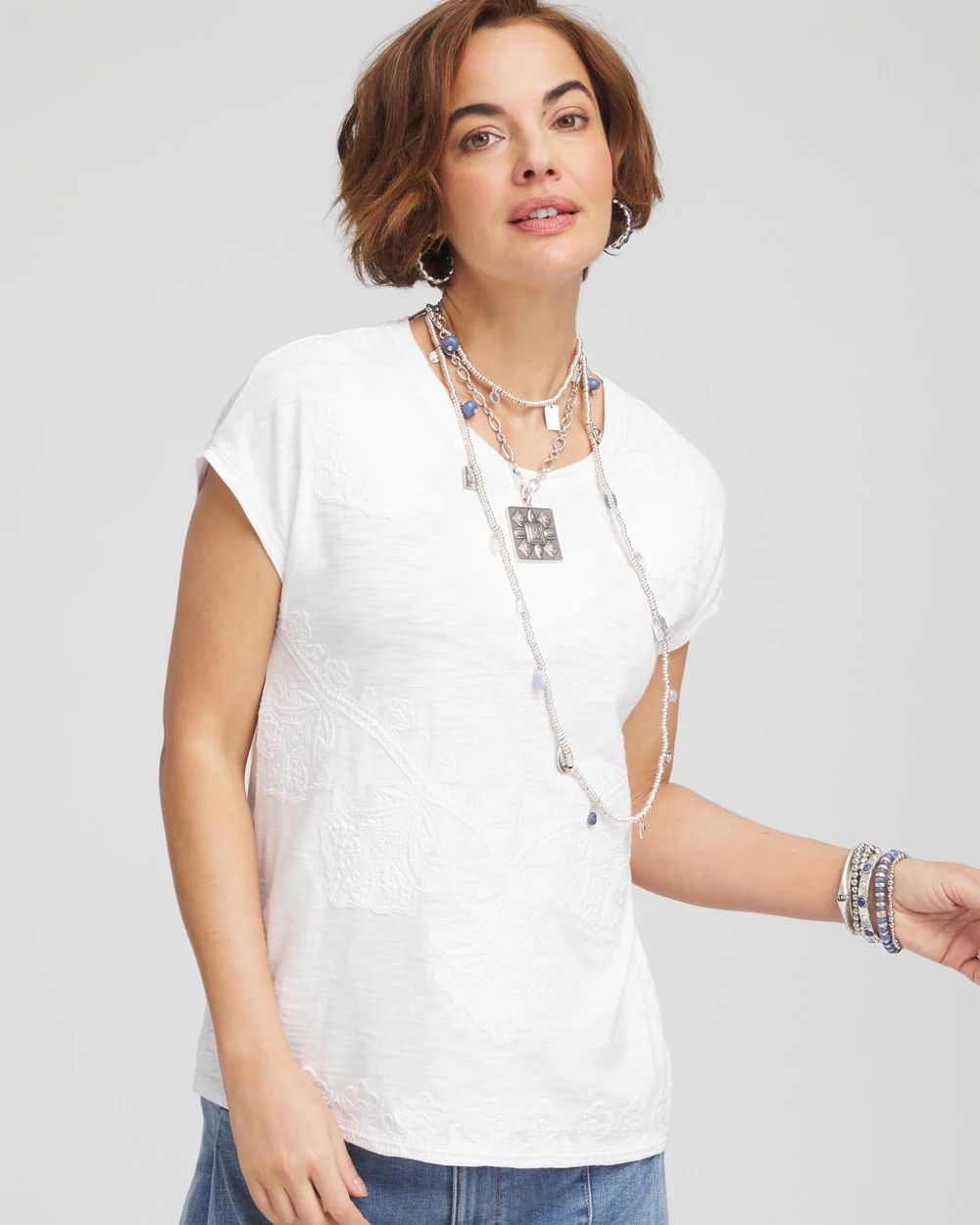 Monochrome Embroidered Cap-Sleeve Tee