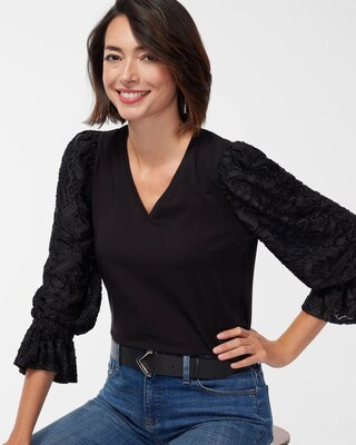 Chiffon Knit Mix Burnout Sleeve Top
