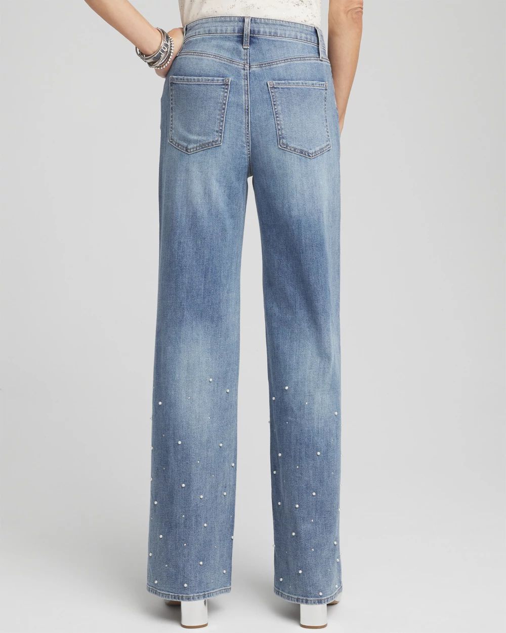 Pearl Embellished High Rise Wide Leg Jeans