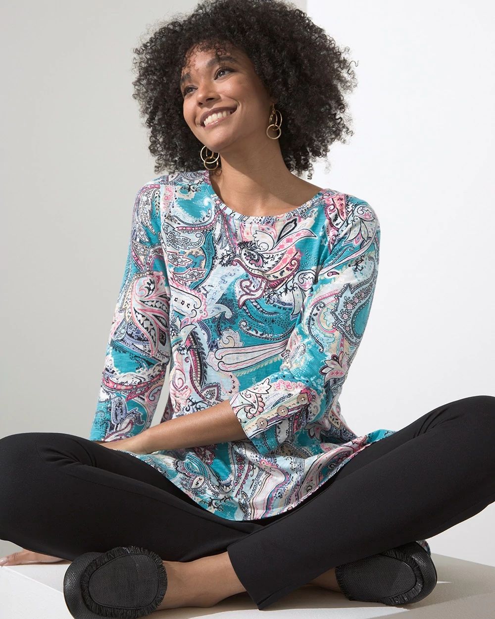 Scroll 3/4 Button Sleeve Slub Tunic