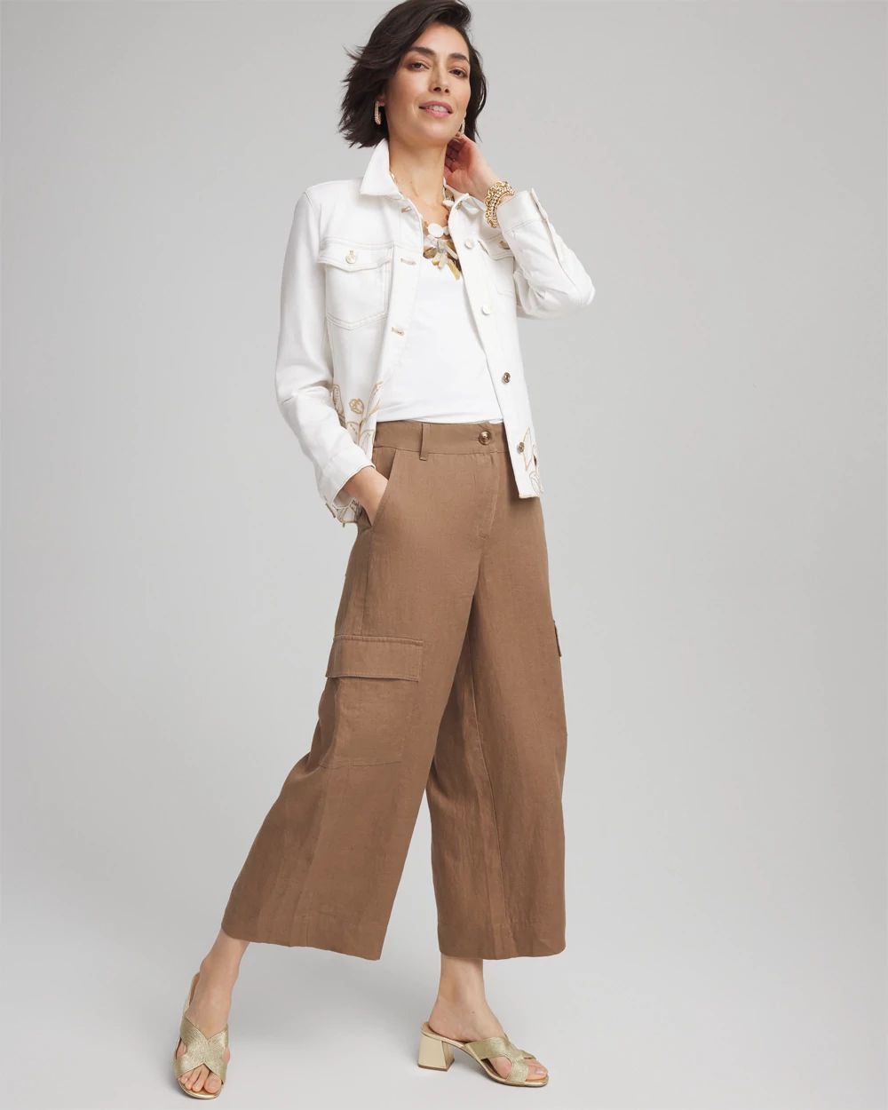 Linen Cargo Wide-Leg Cropped Pants