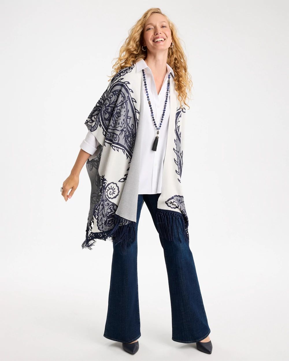 Long Knit Fringed Ruana click to view larger image.