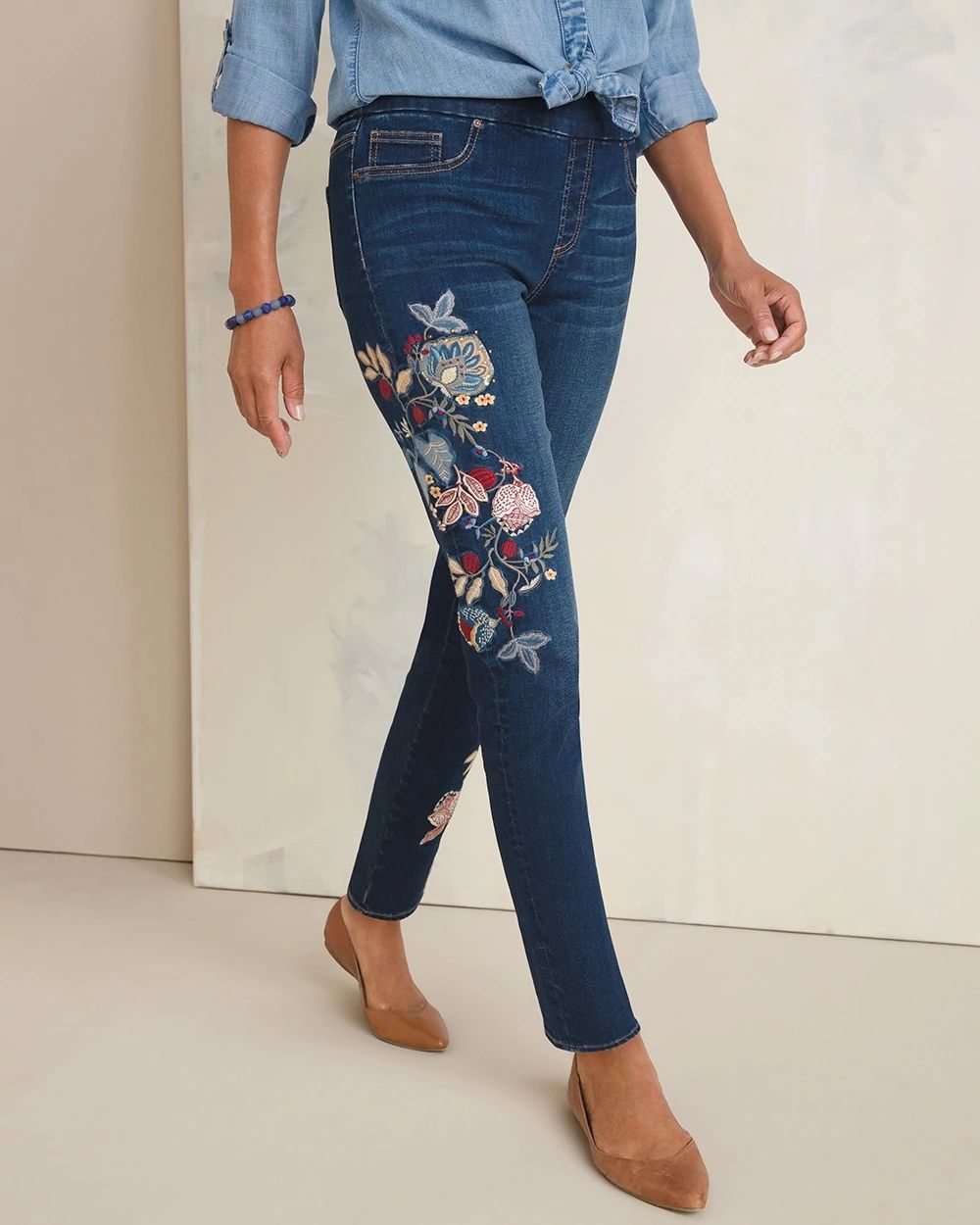 Embroidered and Appliqued Denim Pull-On Ankle Jeggings