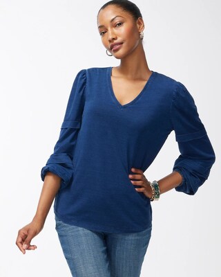 Chambray Sleeve V-Neck Top