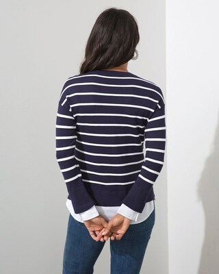 Woven Shirt Detail Stripe Knit Sweater