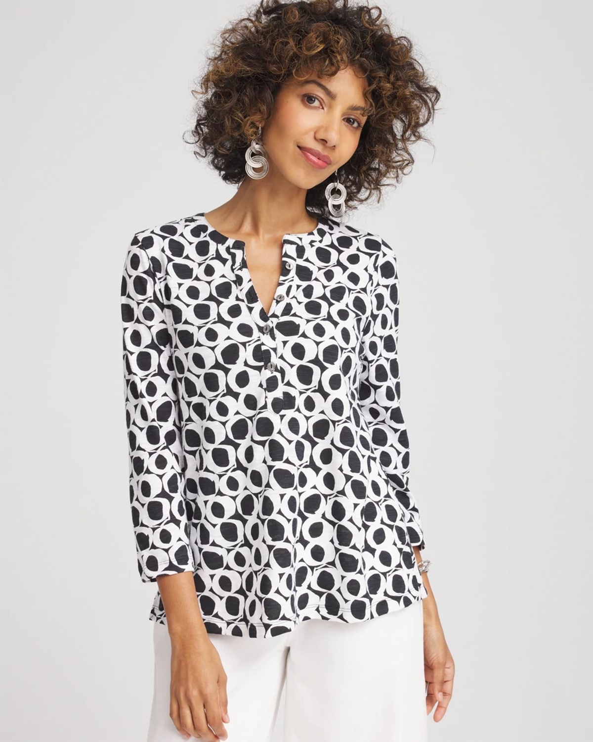Chico's Printed Cotton Henley Shirt In Black In Black