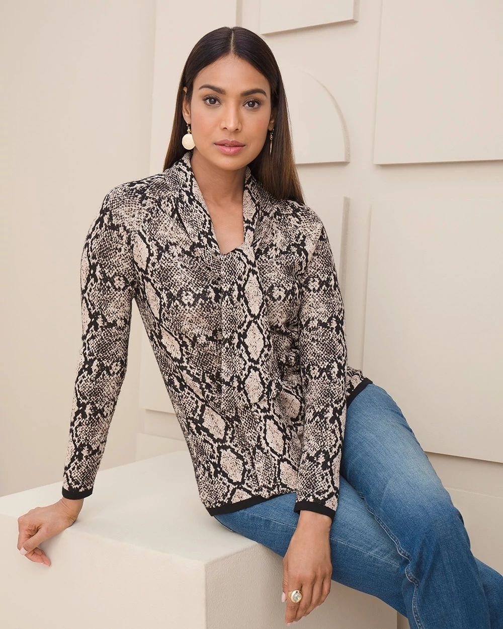 Python-Print Tie Neck Sweater