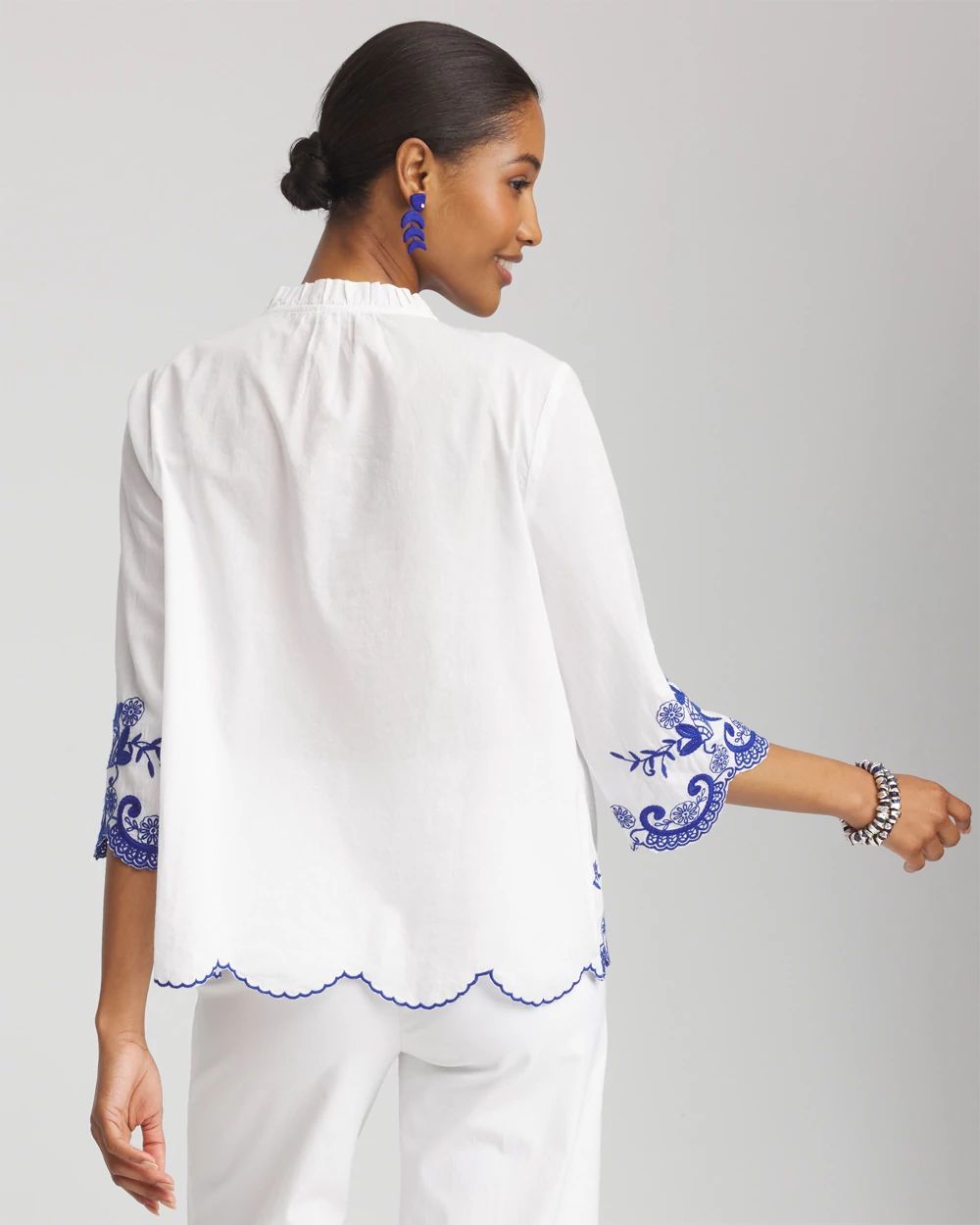 Embroidered Tassel Tie-Front Blouse
