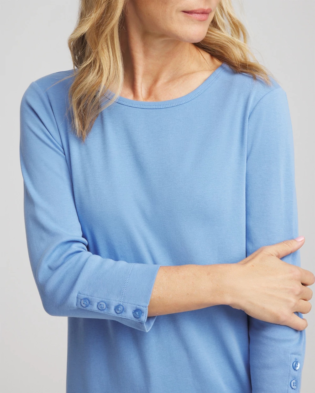 Chico's Pima Cotton Crewneck Button Tee In Tidal Blue